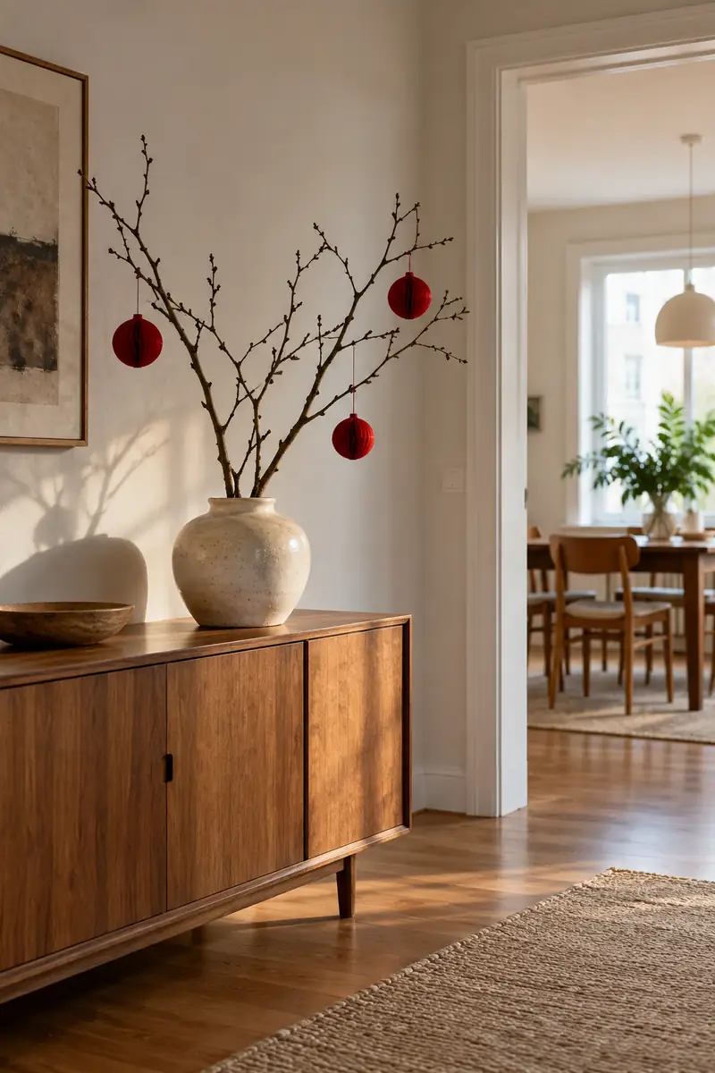 Bare branches with red ornaments in a stable sideboard vase