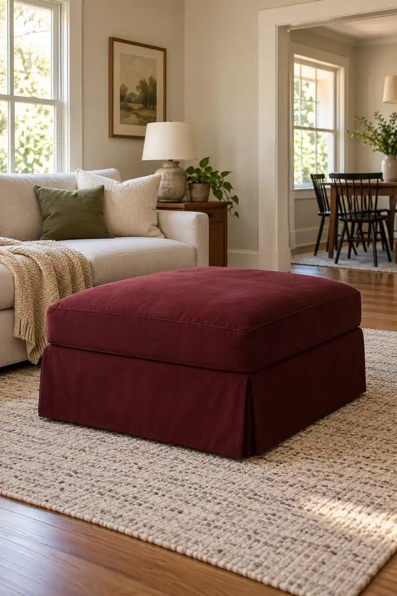 Burgundy covered ottoman in a small living room