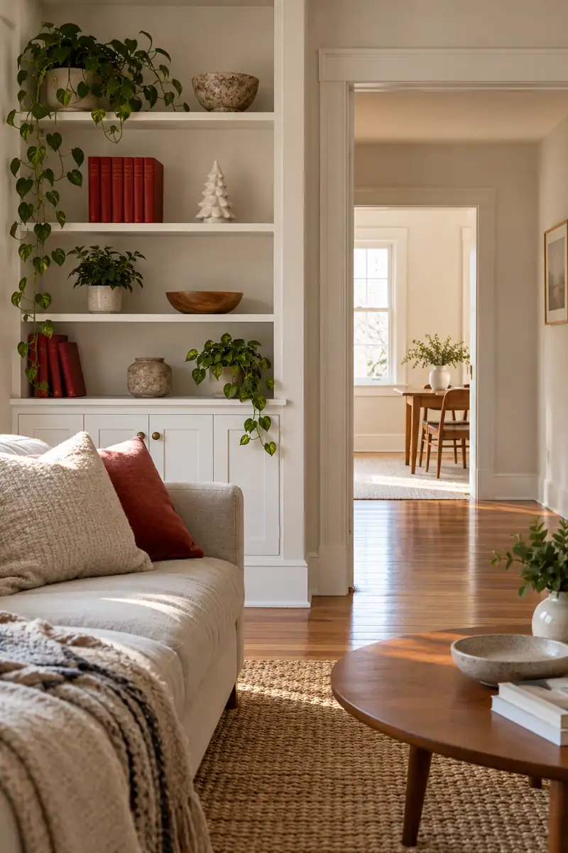 Red books and a white ceramic tree on a shelf