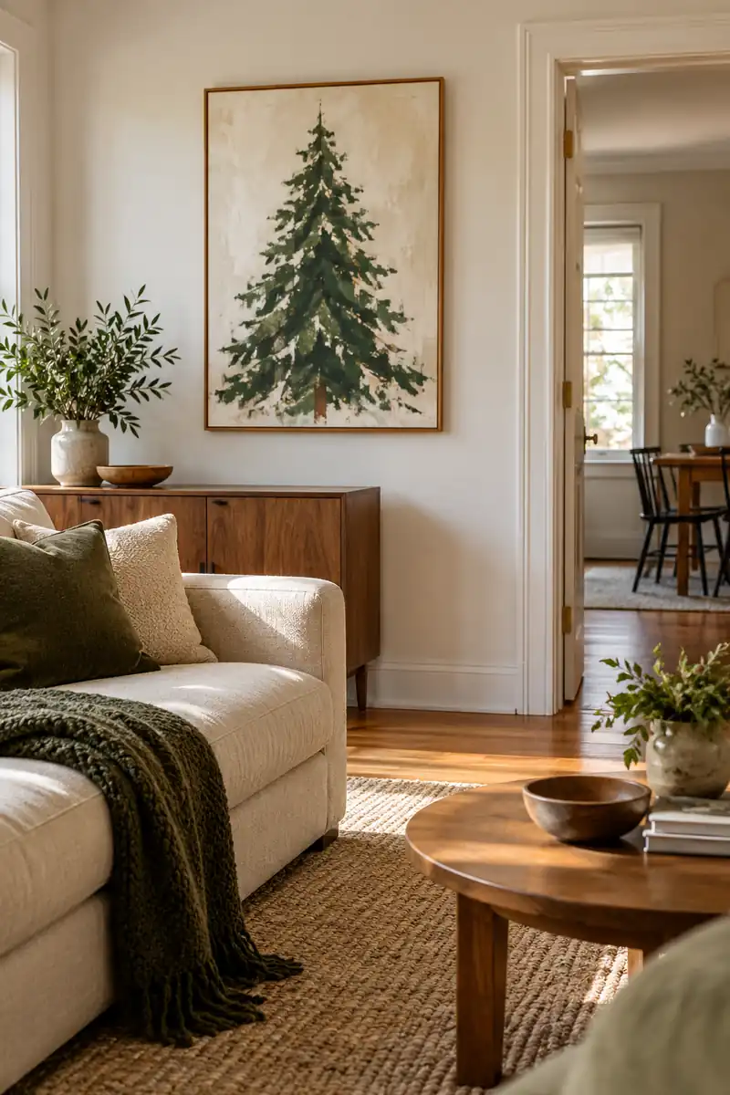 Simple green Christmas tree print on an apartment wall