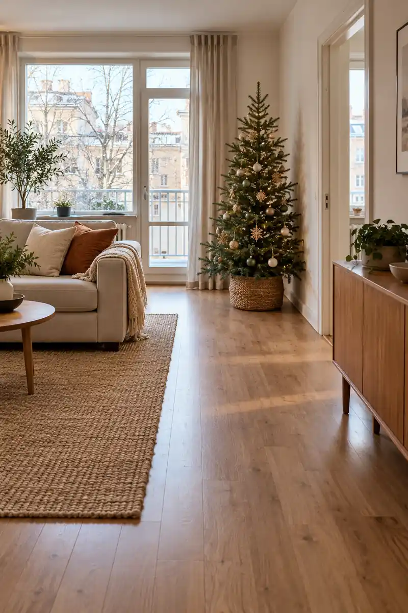 Clear walking route beside a living room Christmas tree