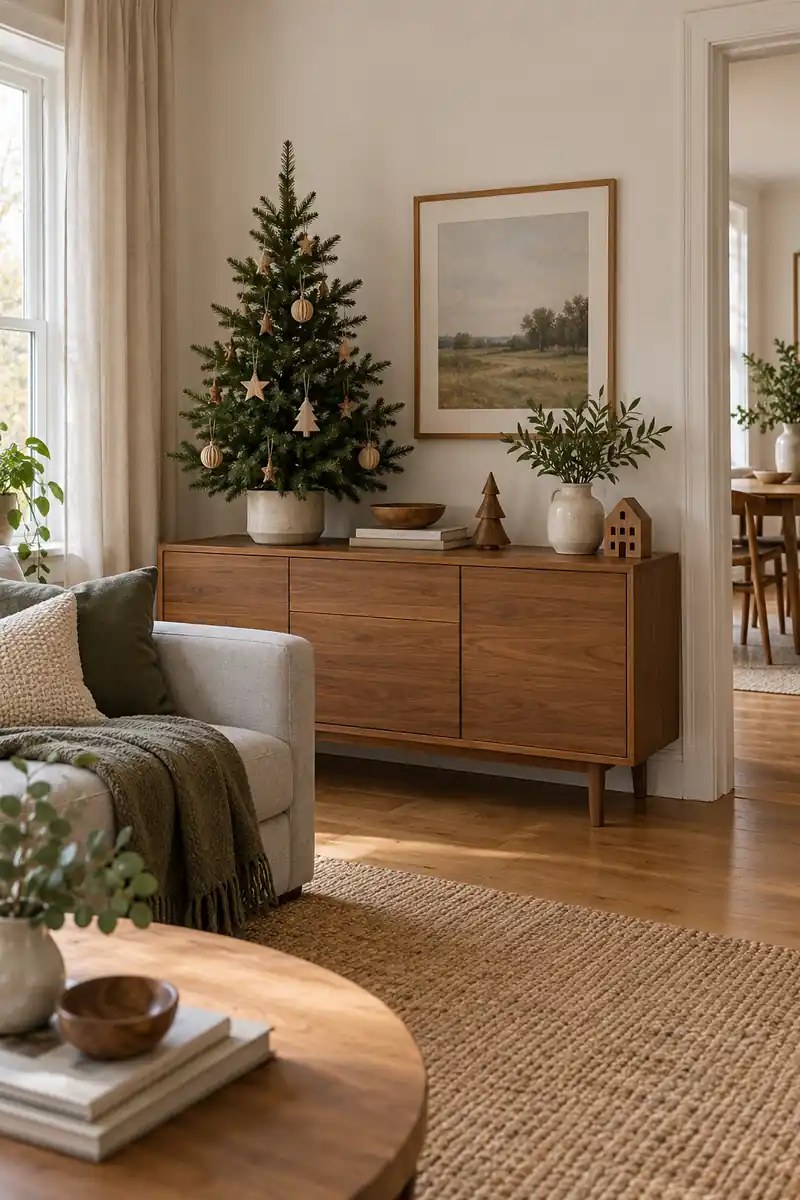 Unlit tabletop Christmas tree on a wide sideboard