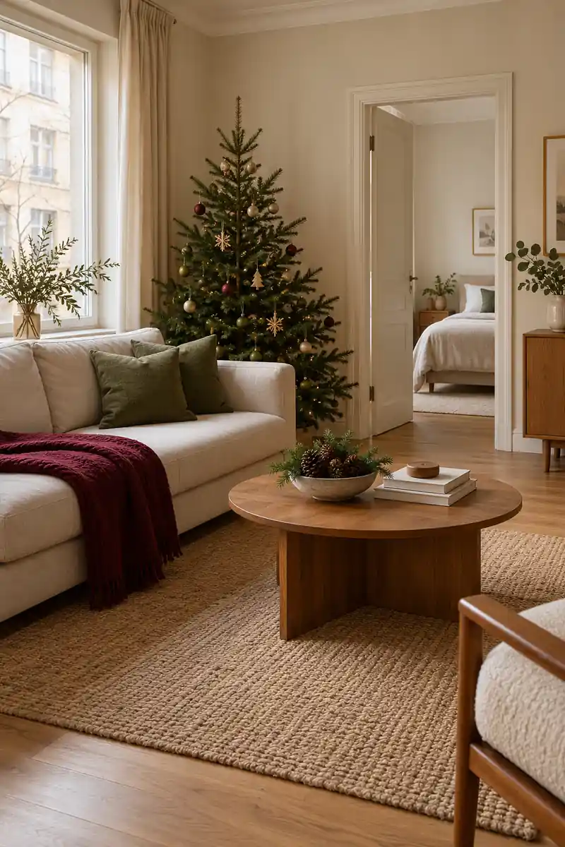 Green pillows and burgundy throw on a beige sofa