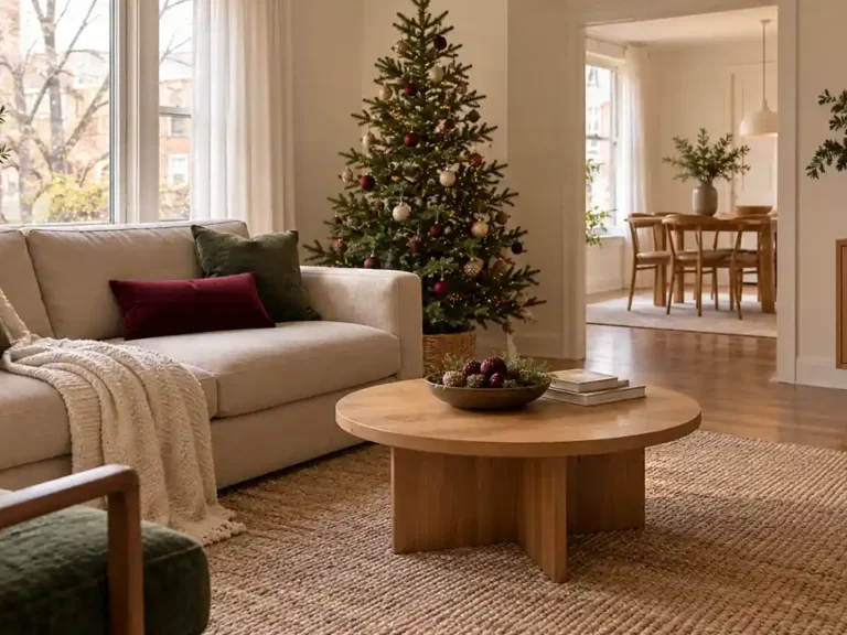 Cozy apartment living room with a slim tree and green sofa accents