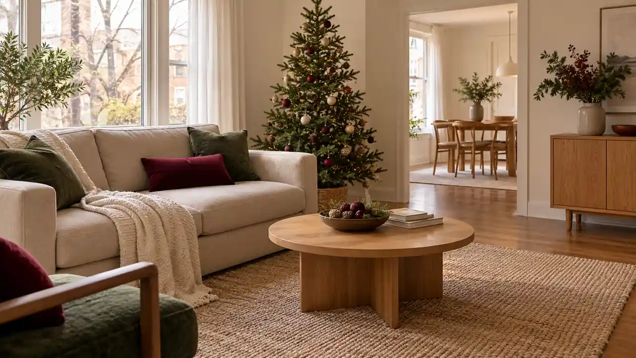 Cozy apartment living room with a slim tree and green sofa accents