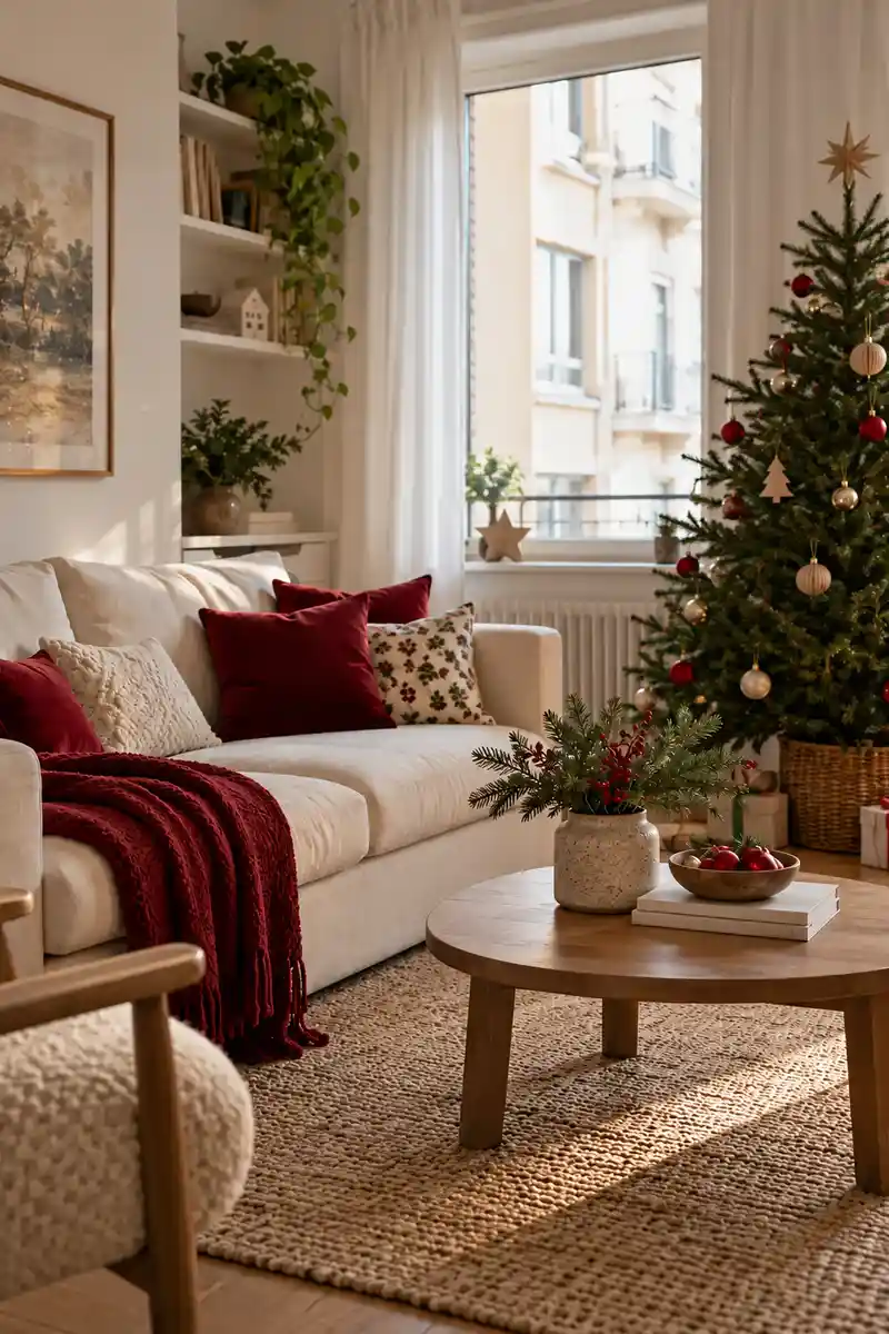 Small apartment christmas living room with cream sofa cranberry cushions and modest green tree