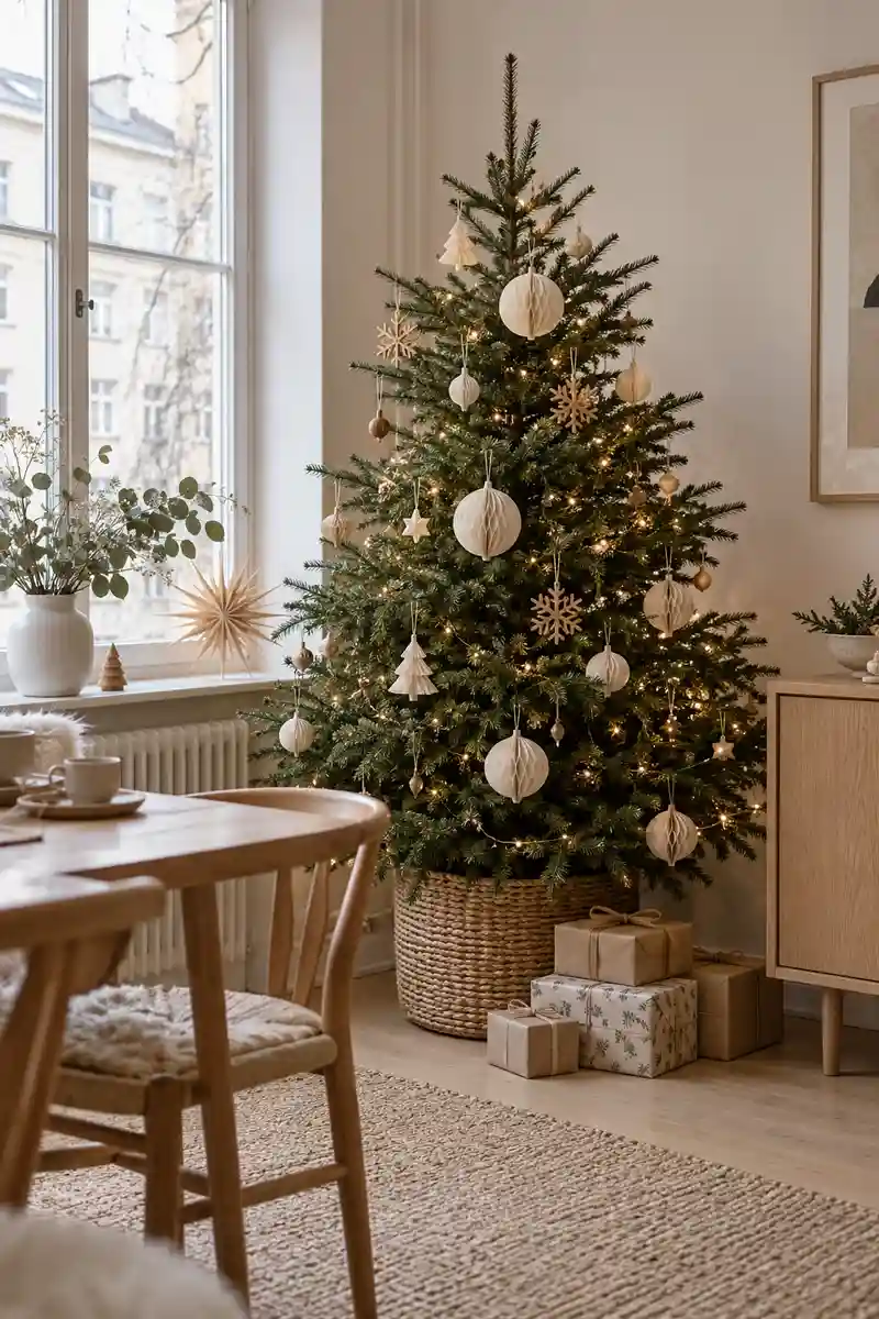 Nordic apartment christmas corner with pale wood ivory paper ornaments and simple green tree