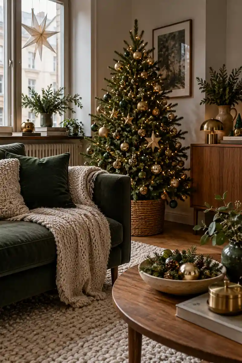 Moody apartment christmas corner with deep green cushion warm wood and subtle brass ornaments