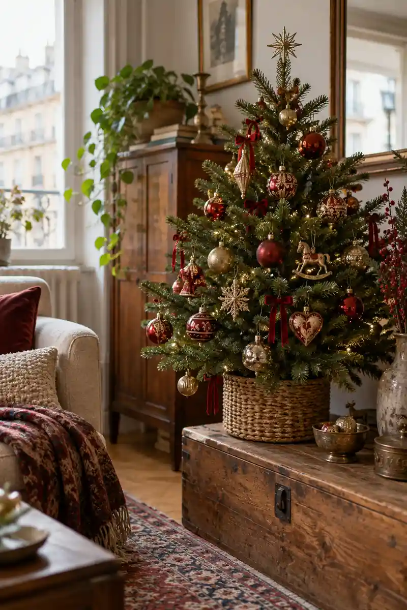 Small christmas tree with collected vintage style ornaments in muted red and gold
