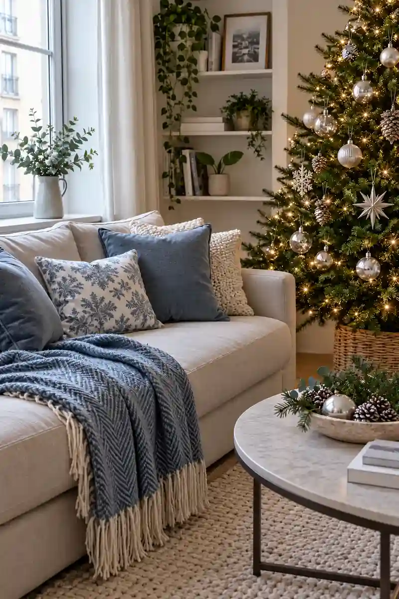 Apartment christmas sofa corner with dusty blue cushions silver ornaments and natural green tree