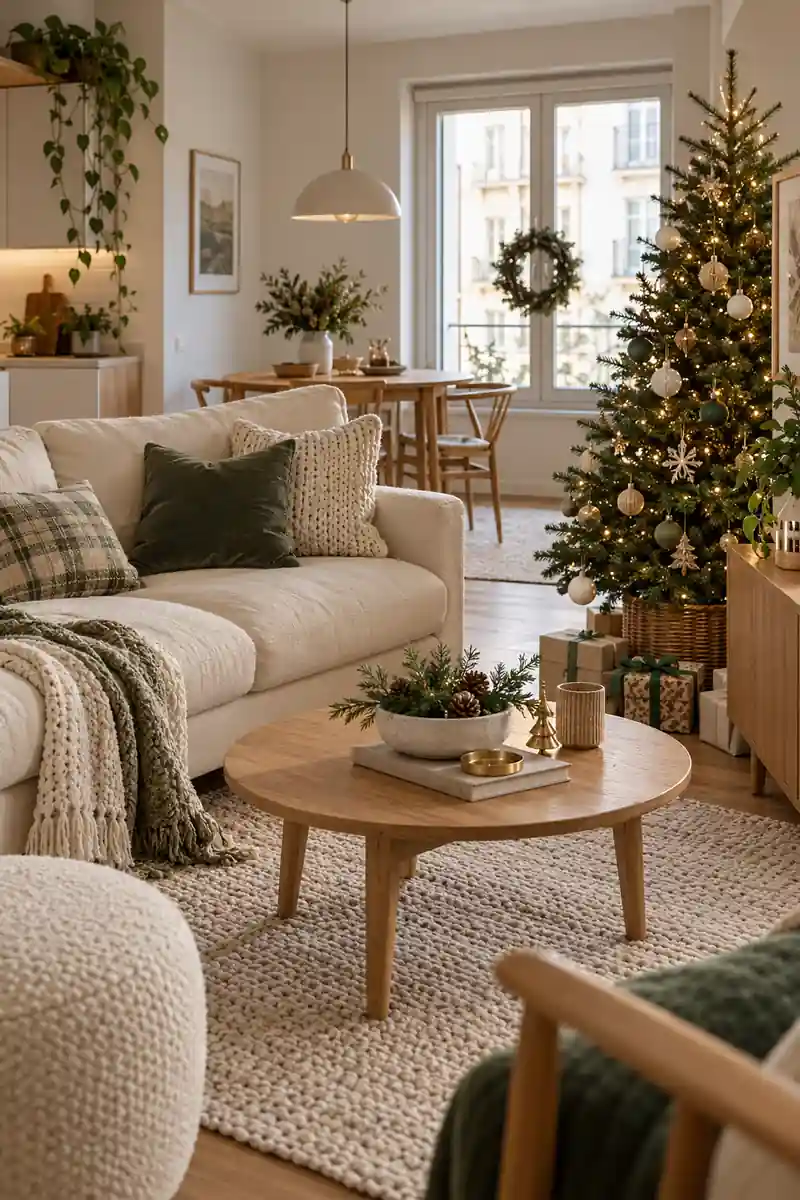 Compact apartment christmas interior with cream upholstery natural wood and restrained green tree