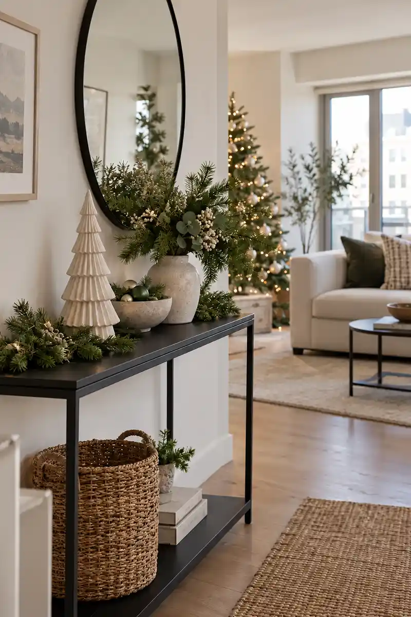 Light modern apartment christmas console with black frame pale ceramic tree and greenery