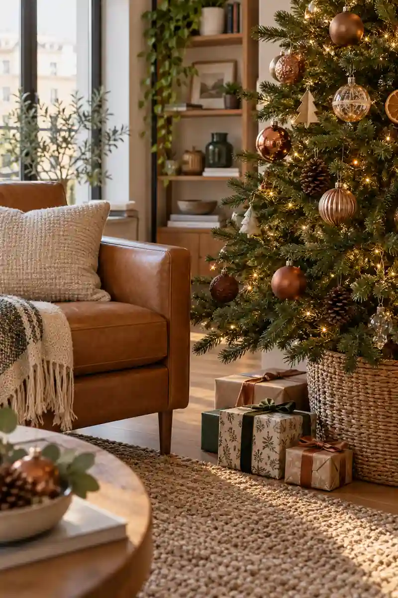 Warm apartment christmas tree detail with copper toned ornaments beside tan leather chair