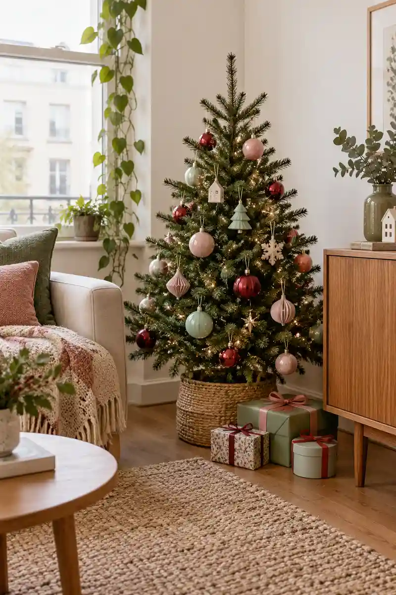 Small playful christmas tree with pink mint and soft red ornaments beside plain apartment furniture