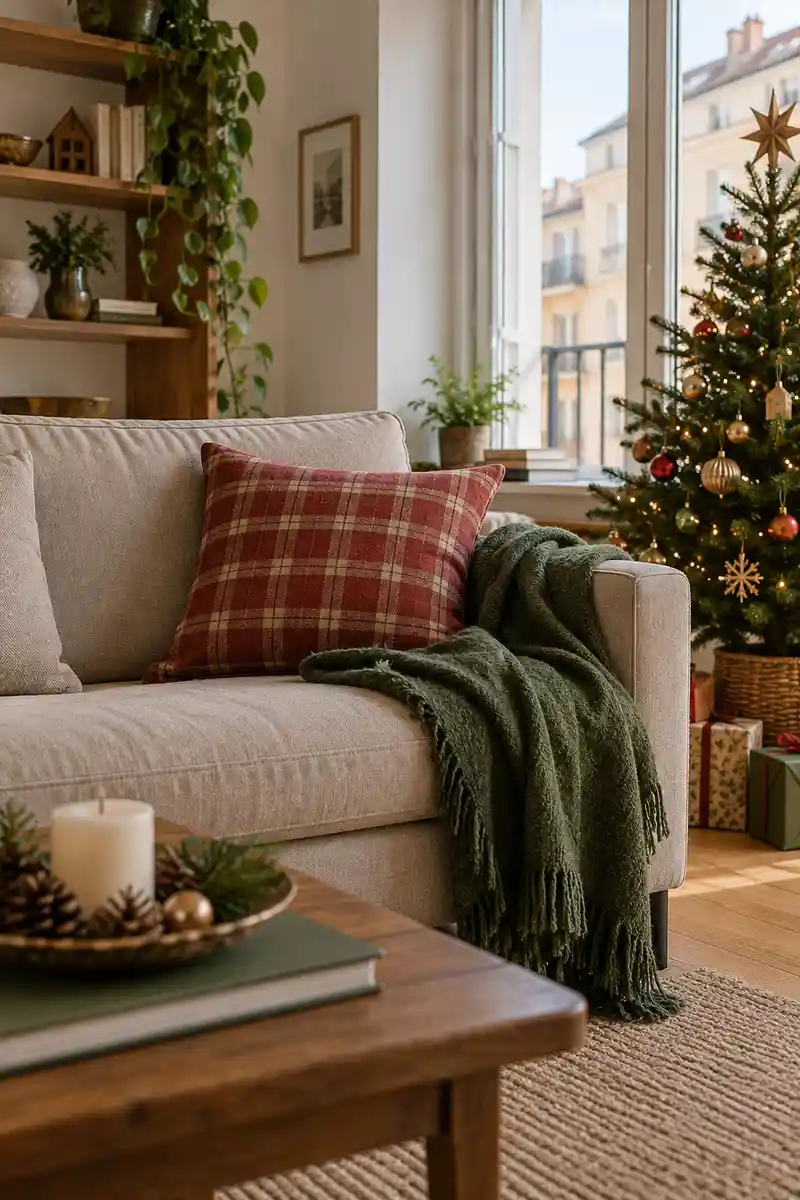 Apartment sofa with muted red checked cushion plain green throw and small christmas tree