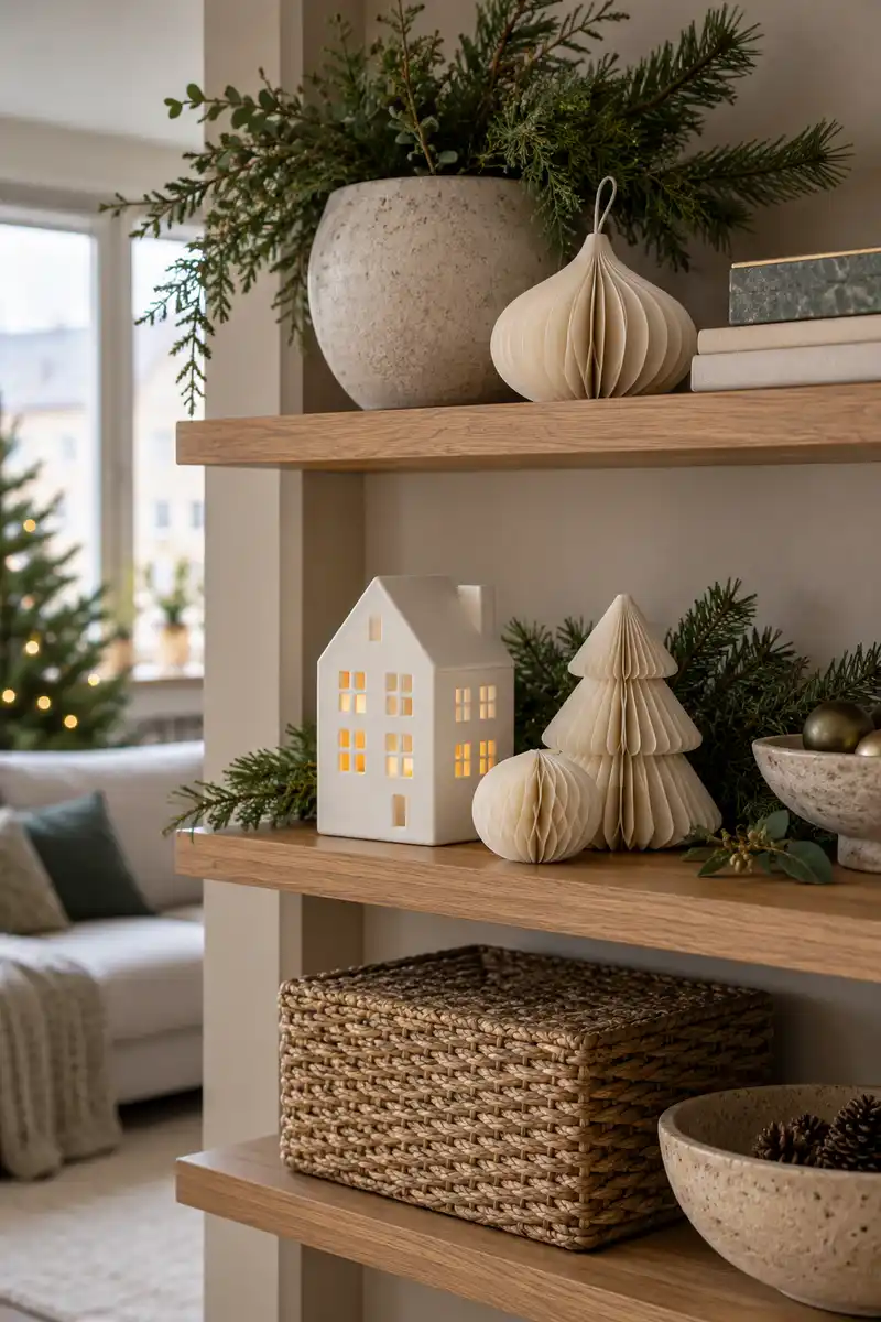 Christmas shelf display with folded ivory paper ornaments and smooth porcelain house