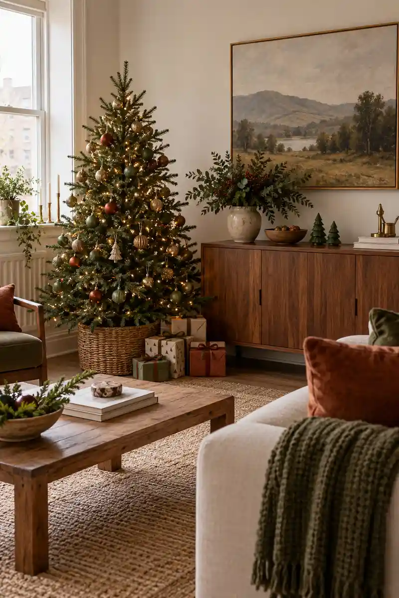Apartment christmas corner with muted landscape artwork and coordinated olive and rust accents