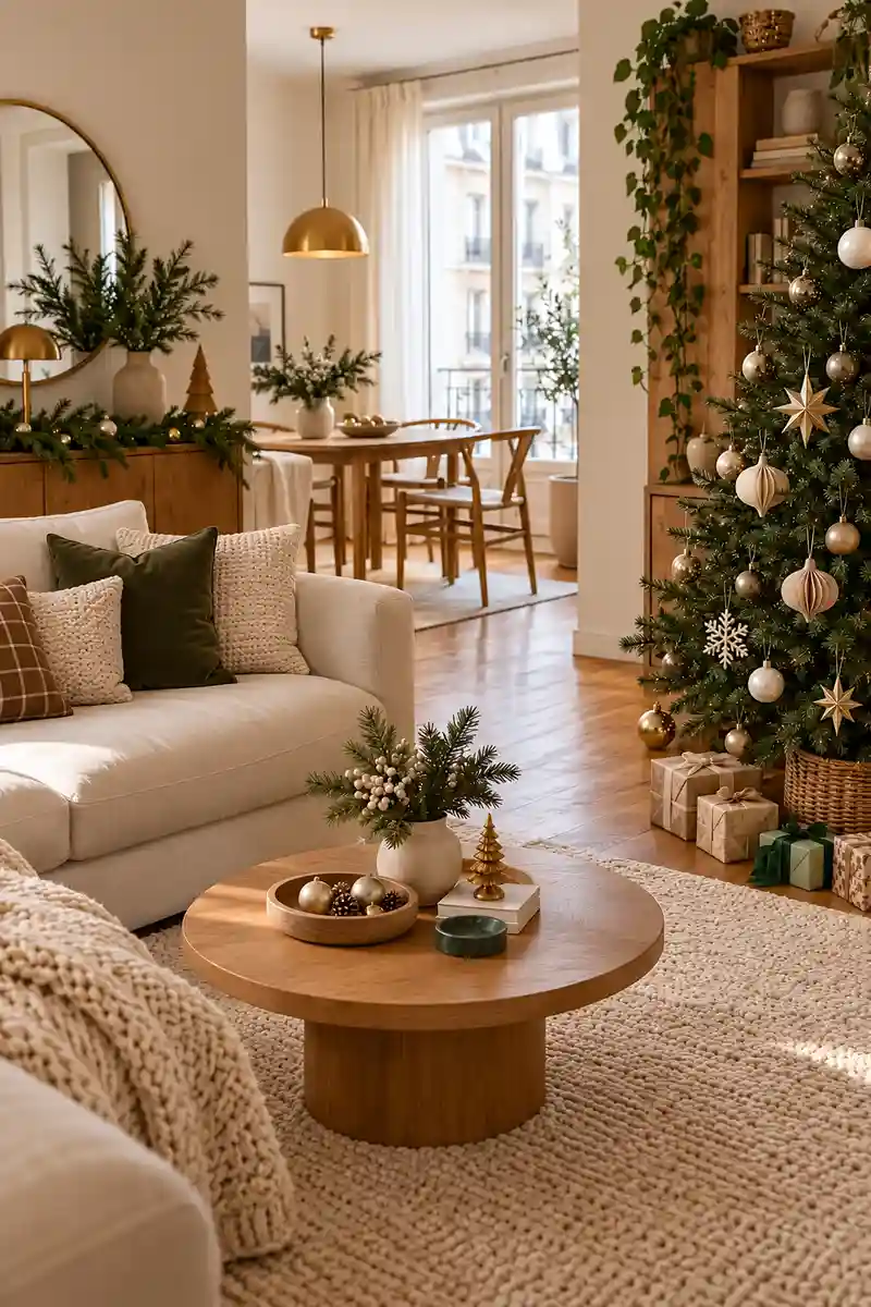 Warm neutral apartment christmas room with honey wood cream textiles and soft gold ornaments