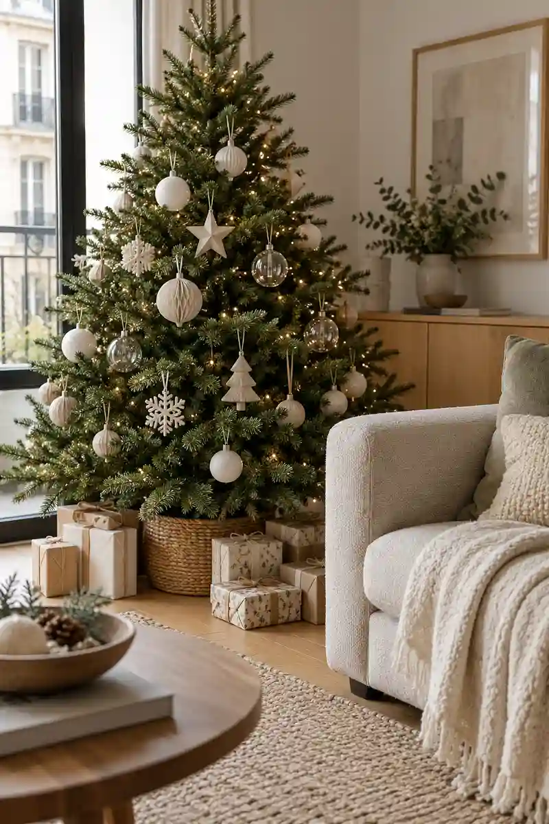 Quiet apartment christmas tree with cream ornaments beside textured neutral sofa