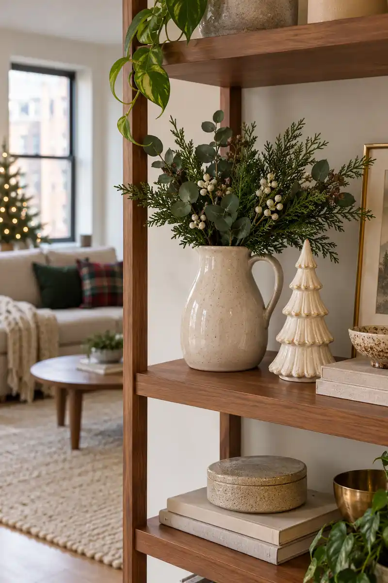 Apartment shelf with everyday ceramic pitcher holding faux greenery beside small ceramic christmas tree