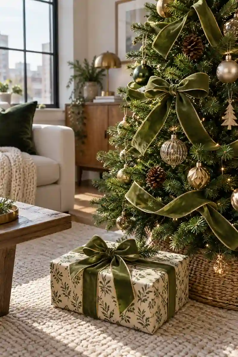 Christmas tree ribbon and matching ribbon on nearby wrapped gift in apartment