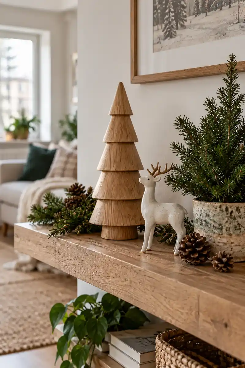 Small woodland christmas shelf scene with wooden tree ceramic deer and little evergreen pot