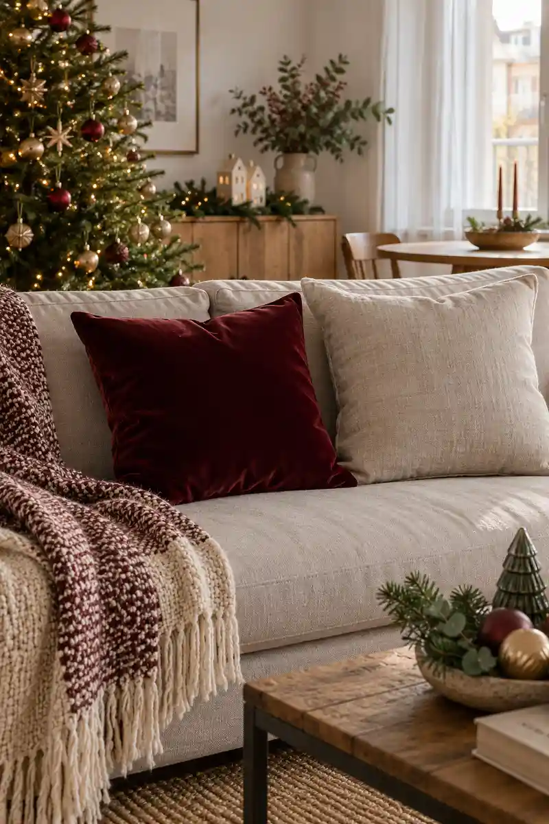 Apartment christmas sofa with one burgundy velvet cushion beside plain linen cushion