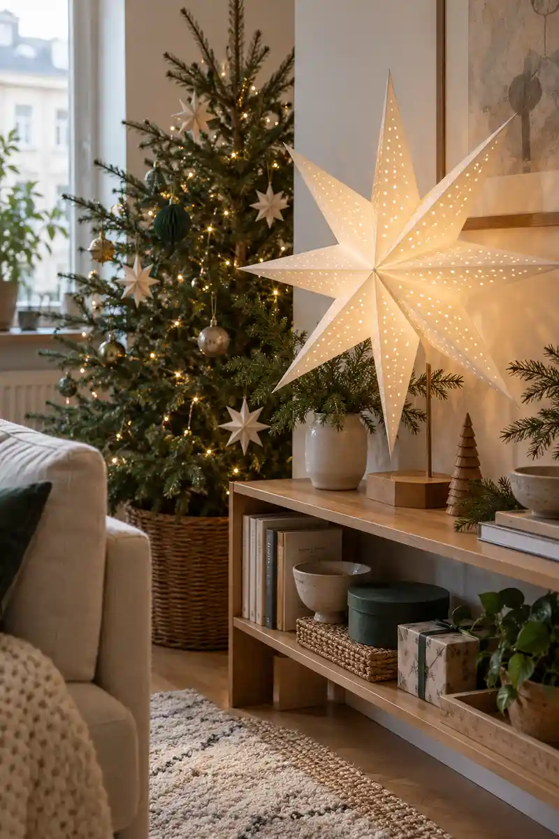 Large cream paper christmas star on shelf with small matching star ornaments on nearby tree