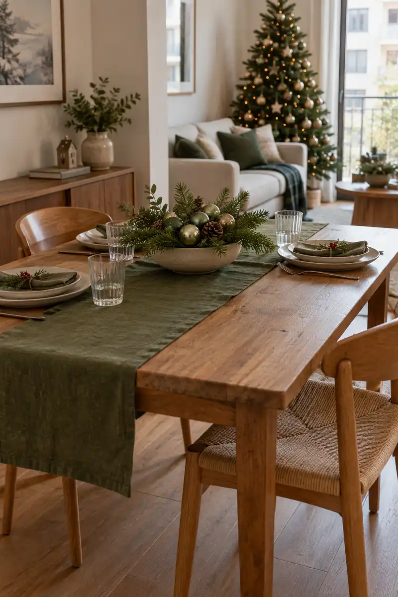 Small apartment dining table with everyday dishes short green runner and low ornament bowl