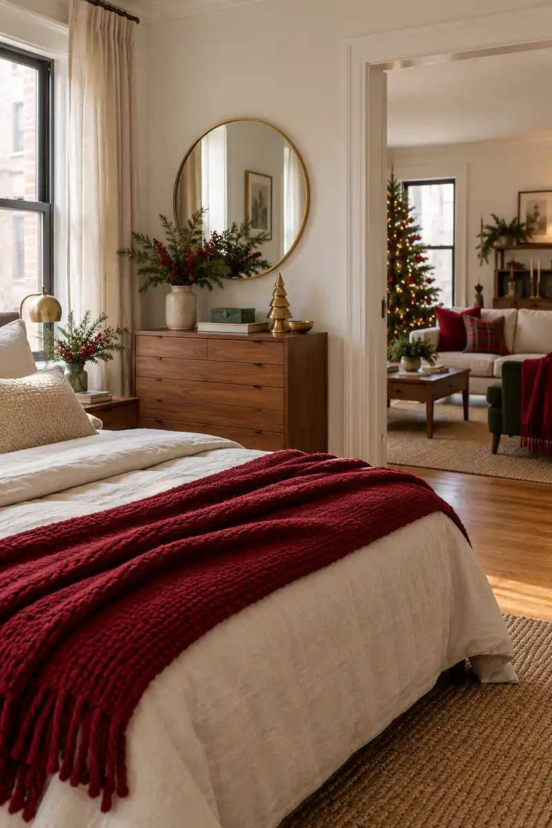 Studio bedroom with plain bedding and cranberry throw echoing distant living room christmas accents