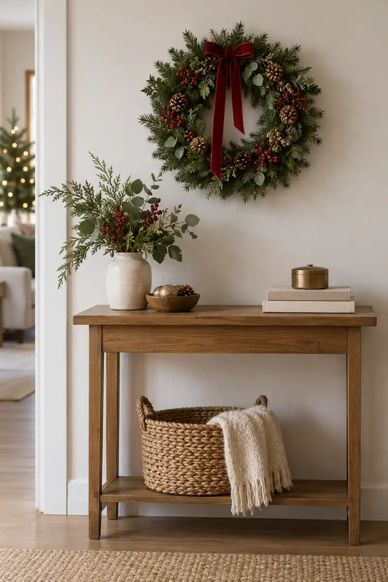 Small Christmas wreath on a plain wall above an apartment console