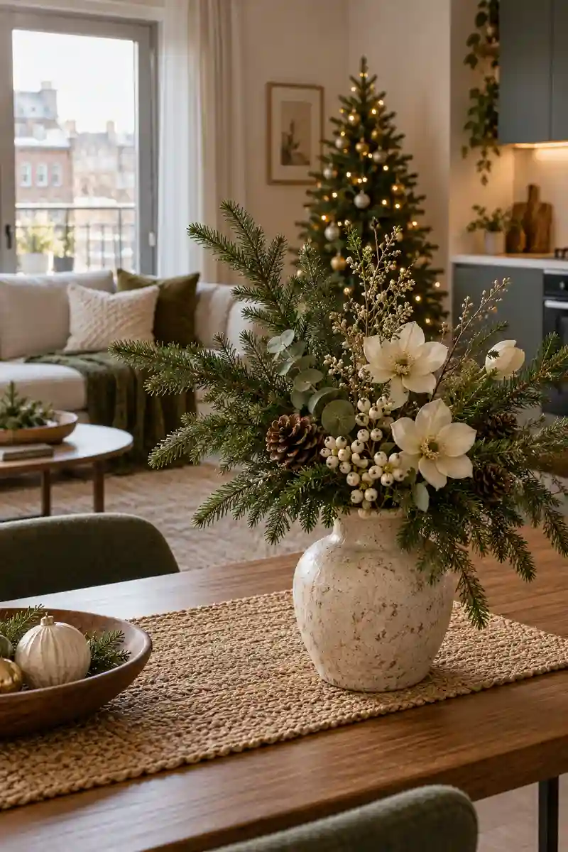 Small apartment christmas vase arrangement with evergreen and a few muted cream faux floral stems