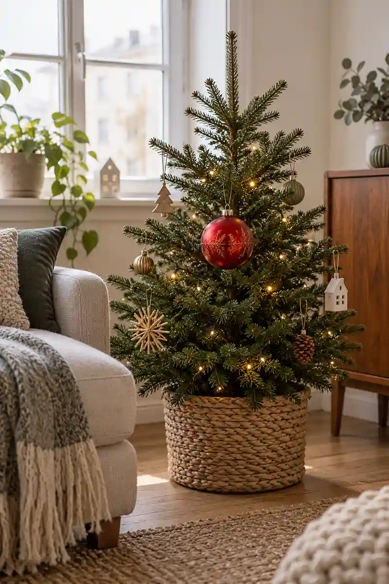 Small christmas tree with one prominent beautiful red ornament and sparse supporting decorations