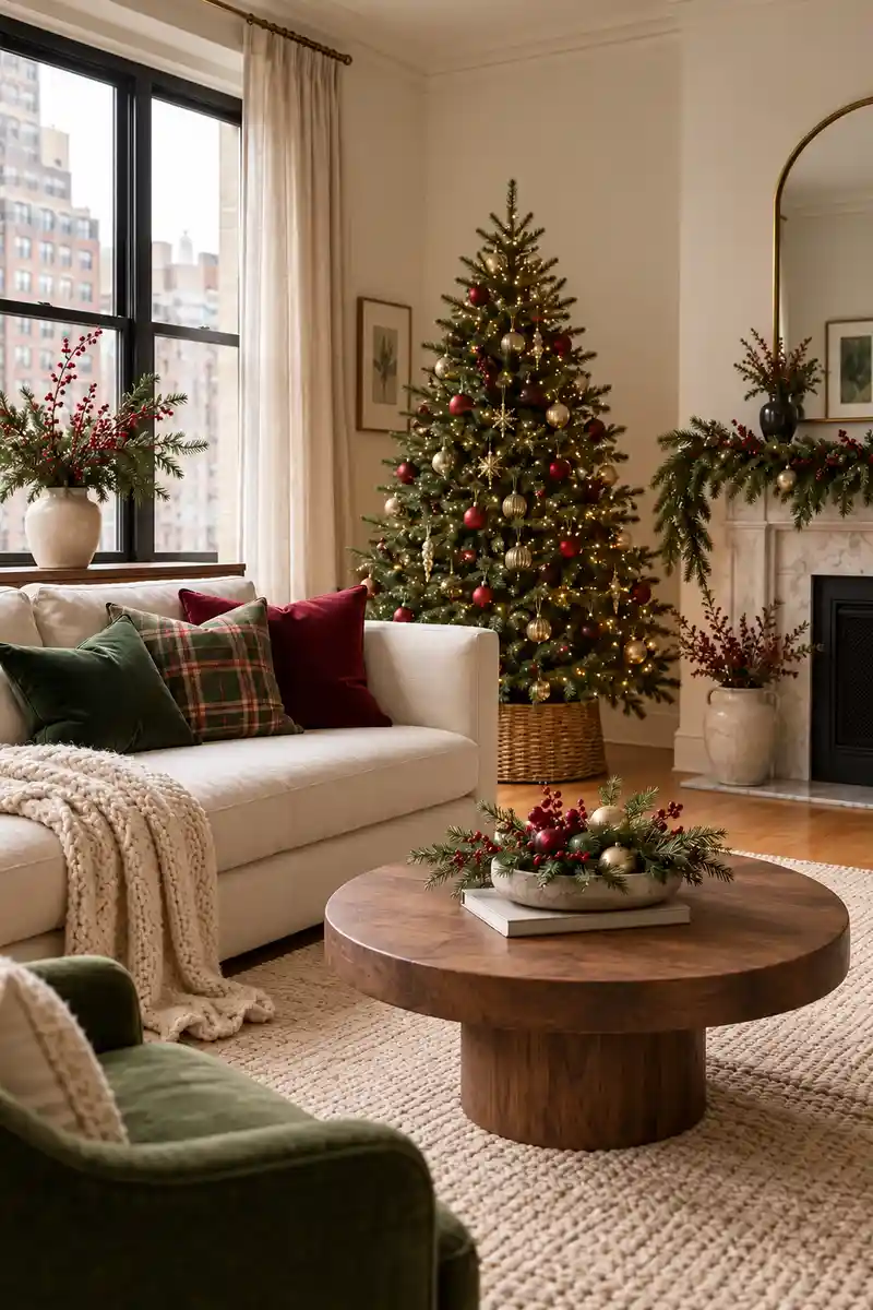 Curated apartment christmas room with cohesive cream green and cranberry palette clear surfaces
