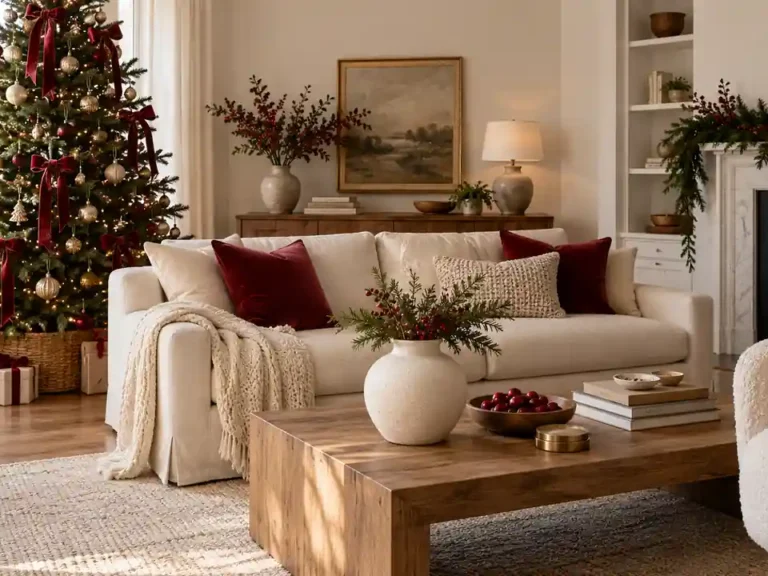 Curated apartment Christmas room with a cream sofa, cranberry cushions, green tree and warm wood