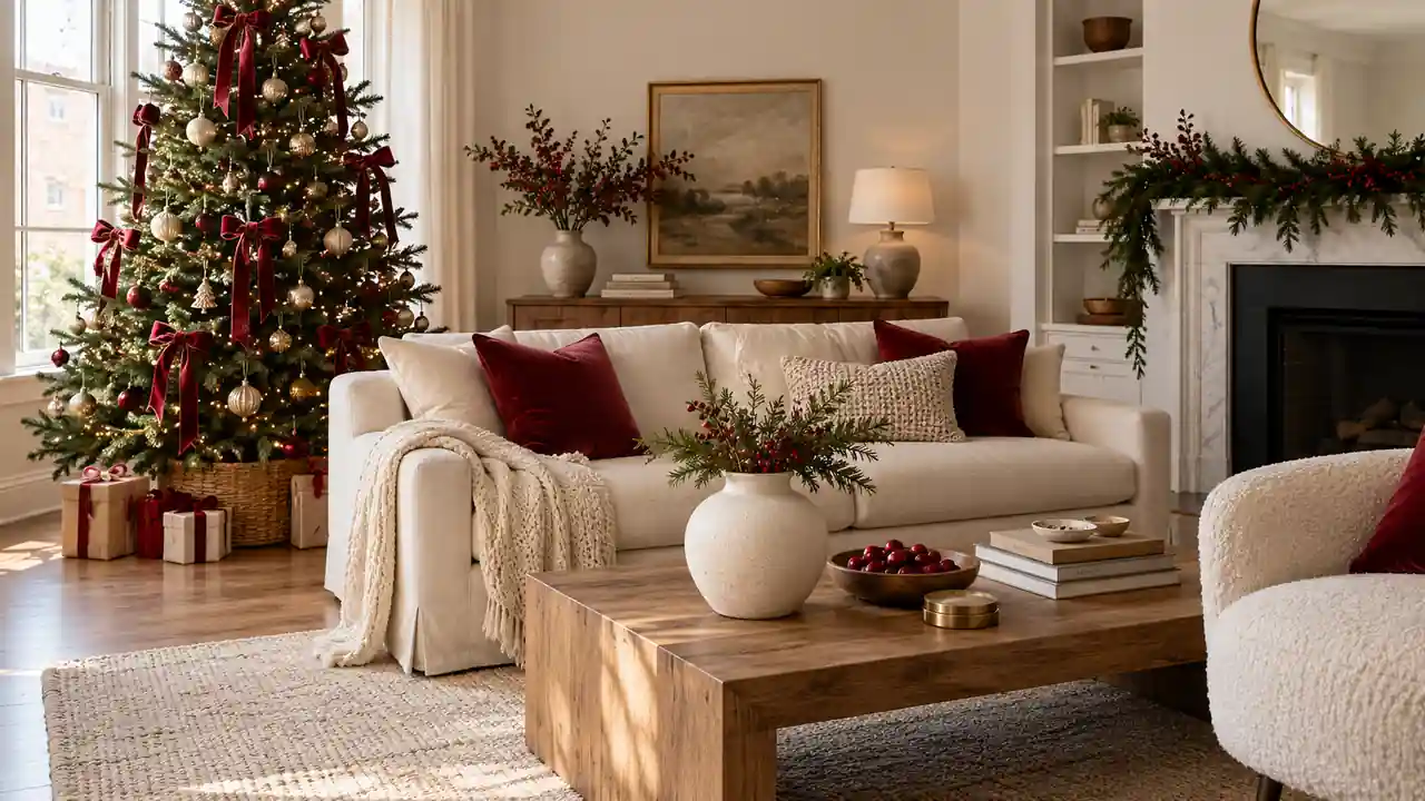Curated apartment Christmas room with a cream sofa, cranberry cushions, green tree and warm wood