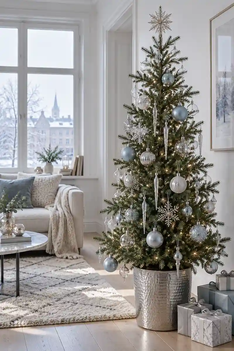 Slender Christmas tree with icy blue baubles, silver ornaments, and clear icicles.