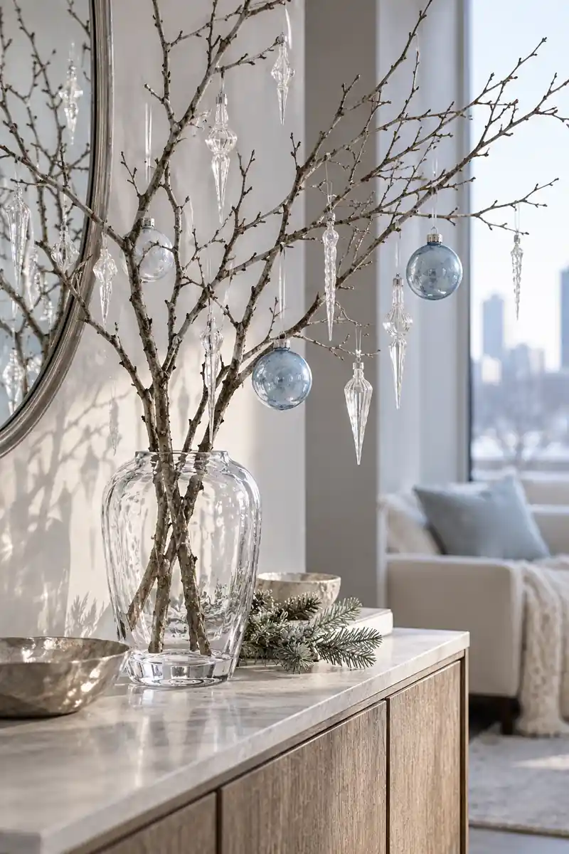 Three bare branches in a heavy clear vase on an apartment console, hung with delicate clear glass icicle ornaments and three pale blue baubles.