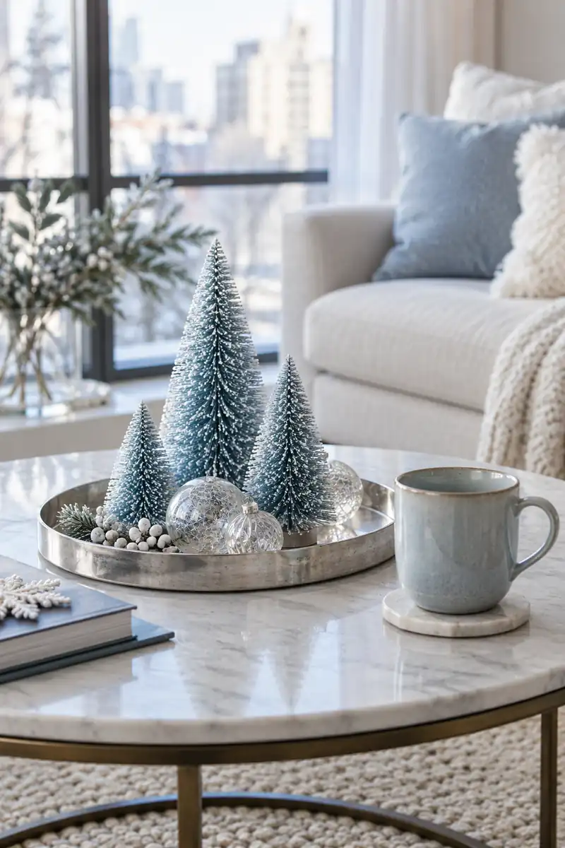 A shallow silver tray with three pale blue miniature bottlebrush trees and clear glass baubles, on an apartment round coffee table with room for a mug.