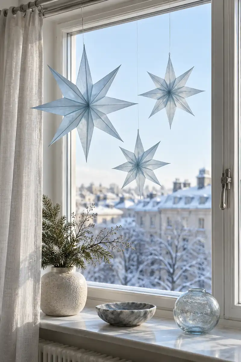 Three translucent pale blue paper stars hanging on fine thread from an existing curtain rod inside a tall apartment window, clear winter daylight and uncluttered sill.