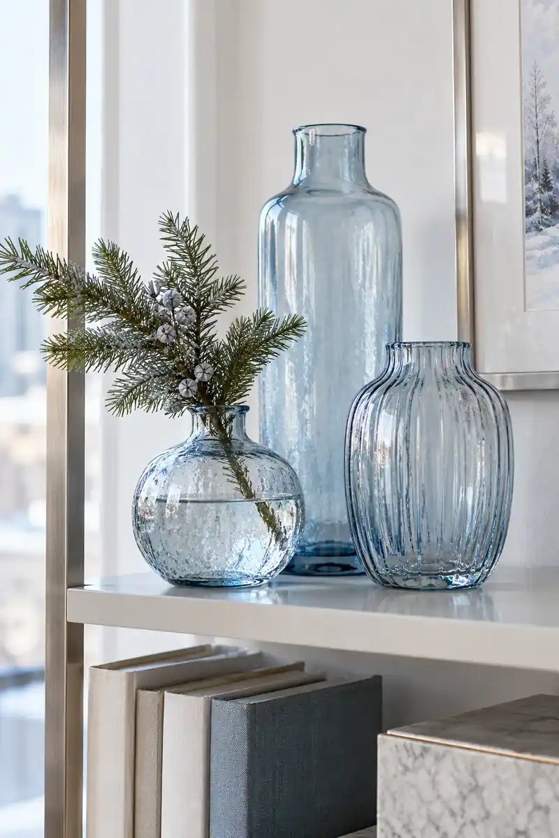 Three translucent icy blue glass vases of different heights grouped on a narrow apartment bookshelf, one short evergreen sprig, white wall.