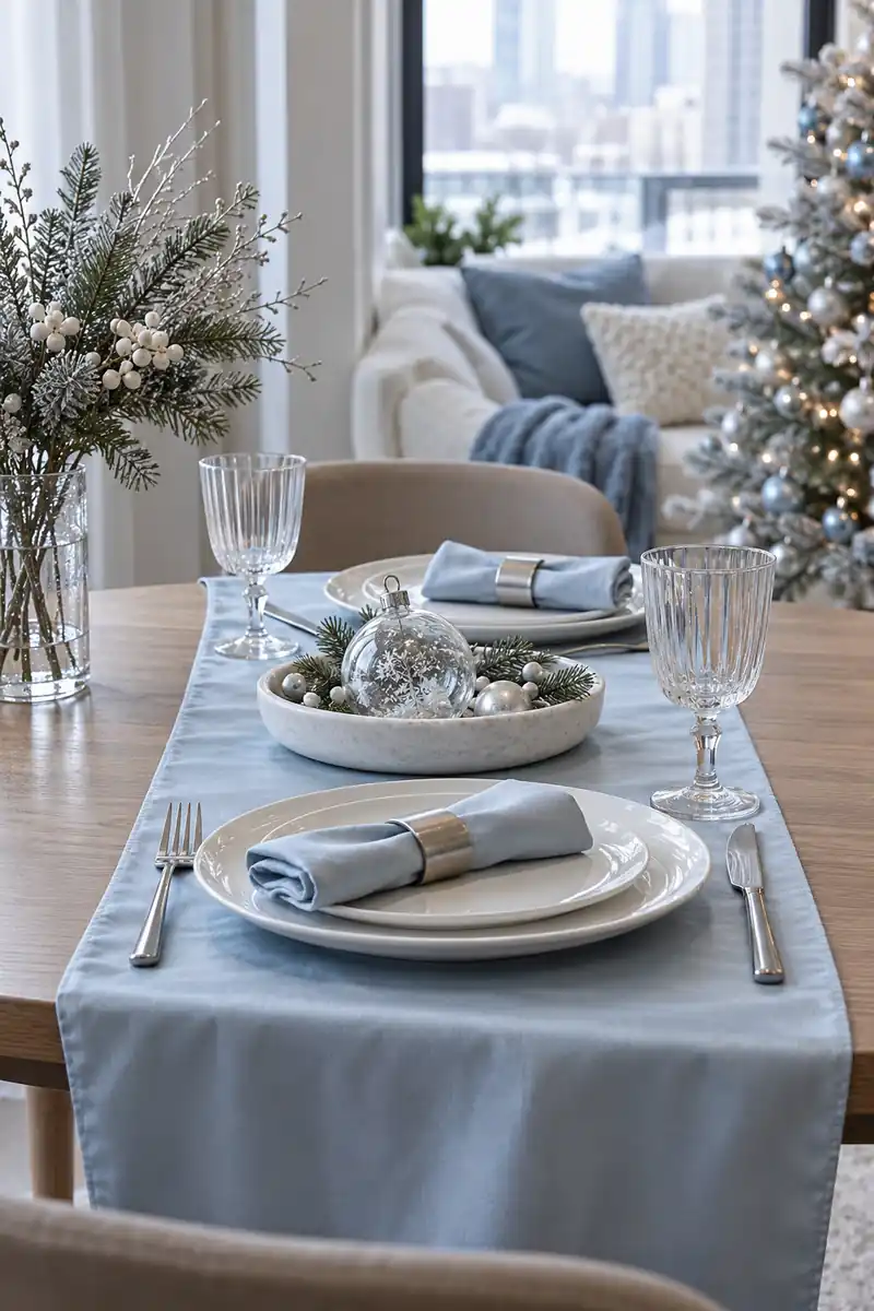 Pale blue satin runner with white plates and silver napkin rings on a small dining table.