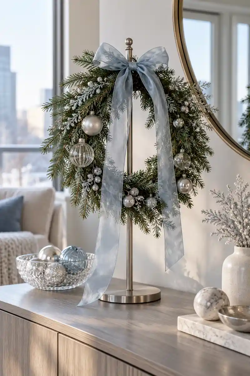 A sparse evergreen wreath hanging on a freestanding tabletop wreath stand on an apartment console, one long icy blue organza ribbon bow, silver accent ornaments.