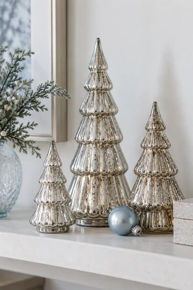 Three antique silver mercury glass tree ornaments of different heights standing on a pale apartment shelf, a small pale blue bauble beside them, clean white wall.