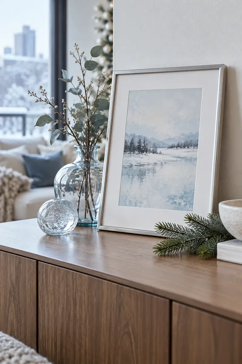 A simple silver picture frame with an abstract pale blue winter landscape print on an apartment sideboard, one small evergreen branch lying beside it, no lettering.
