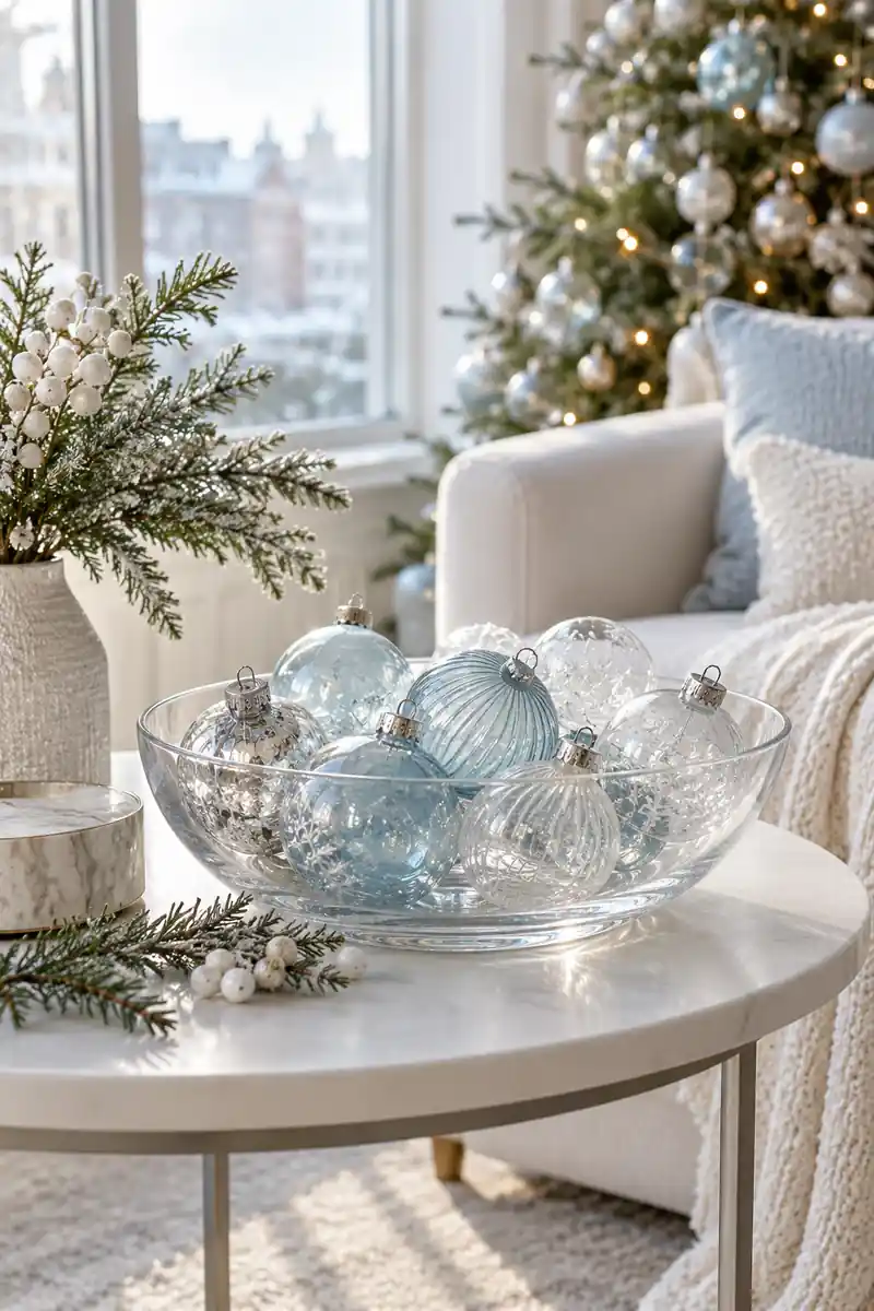 A wide shallow clear glass bowl holding translucent pale blue and clear glass Christmas baubles on a small white apartment side table.