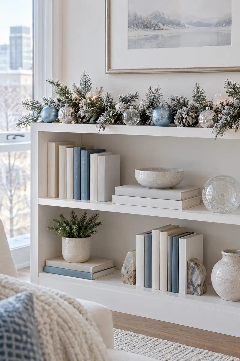A short sparse artificial snowy evergreen garland with small icy blue ornaments across the back of a white apartment bookshelf, books and open space below.