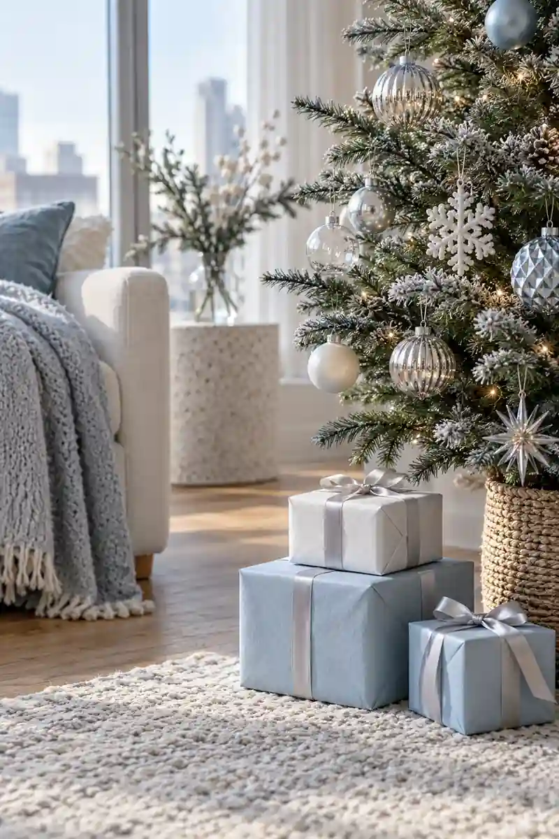 Three small gift boxes wrapped in pearl white and icy blue paper with narrow silver satin ribbon, stacked beside a slim apartment Christmas tree.
