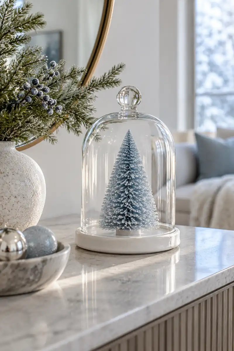 A clear glass bell cloche covering one tiny pale blue bottlebrush Christmas tree on a white ceramic base on an apartment console, soft winter daylight.