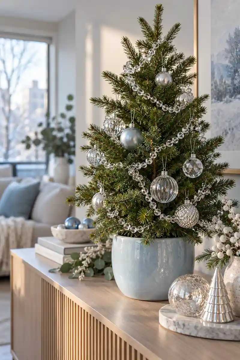 A clear faceted acrylic bead strand loosely looped around a small evergreen tabletop Christmas tree in a pale blue ceramic pot on an apartment sideboard.